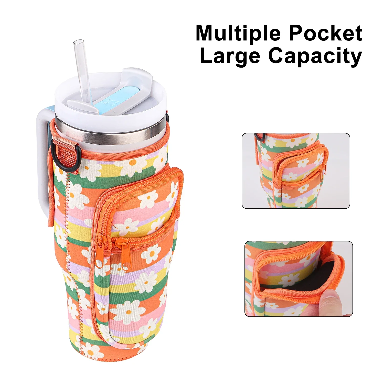 Kawaii Daisy Tumbler Bag for Stanley Cup 40oz Accessories Cute Water Bottle Carrier Bag with Adjustable Strap Cup Holder Pouch