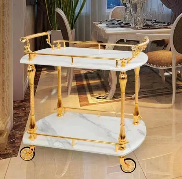 Luxury Classical Design Stainless Steel Dinner Trolley Silver Gold Metal Movable Dinning Cart Truck Home Kitchen Hotel Furniture