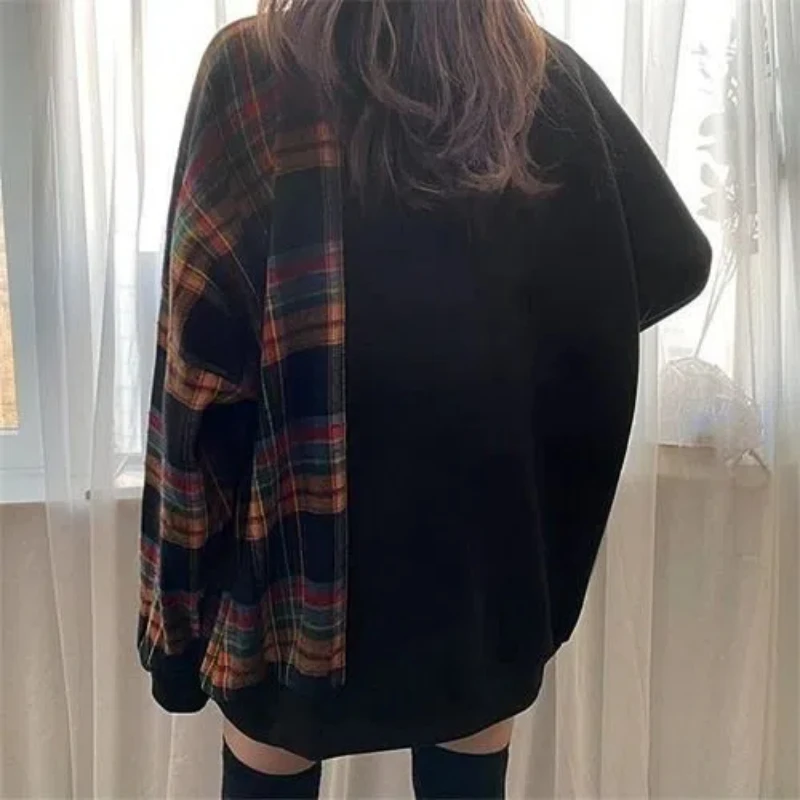 Women Clothing Plaid Patchwork Loose Hoodies Sweatshirts Spring Autumn New Long Sleeve Contrast Street Casual Tops Fashion Trend