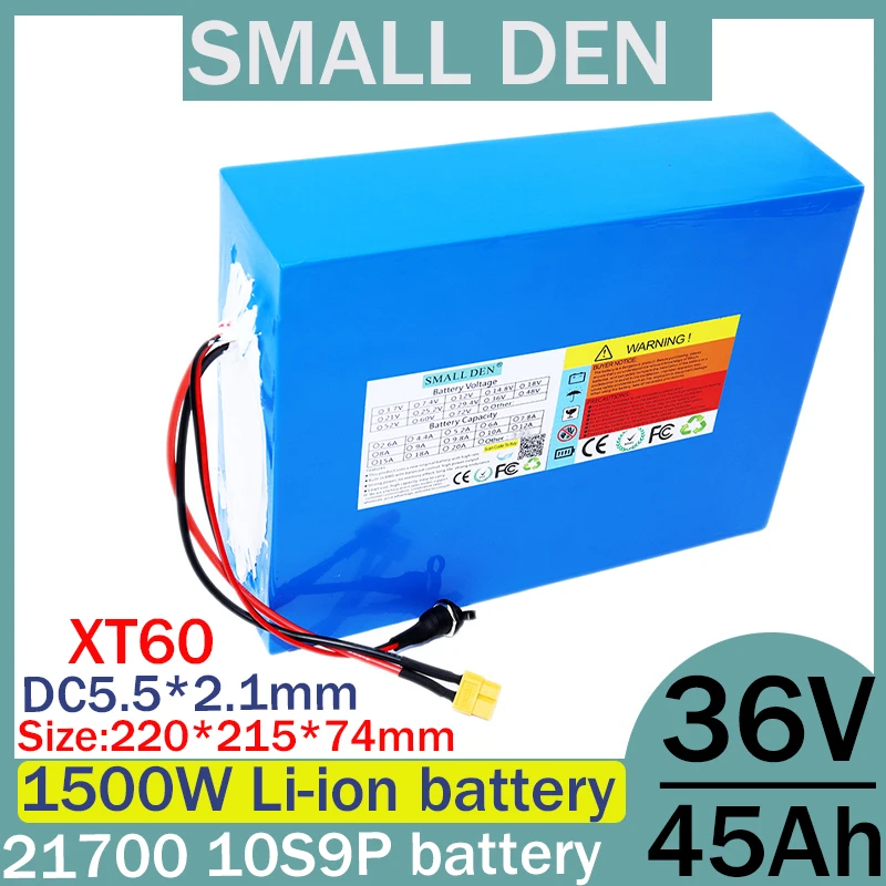 New 36V 45ah 15AH lithium-ion battery pack 21700 10S9P, suitable for 1500W motors, built-in BMS rechargeable battery, tax-free