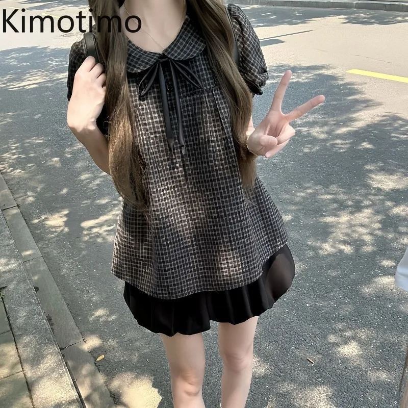 Kimotimo Vintage Plaid Short Sleeve Shirts Women Peter Pan Collar Bow Bandage Loose Fashion Tops Preppy Style Sweet Y2k Blouse