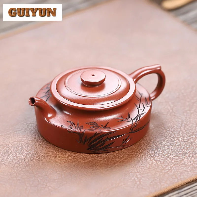 160ml Yixing Purple Clay Teapots Handmade Hua Ting Bamboo Leaf Pot Raw Ore Red Dragon Mud Tea Brewing Kettle Zisha Tea Set Craft