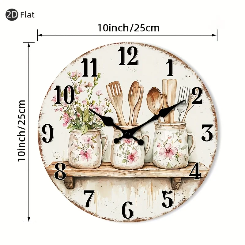 1pc Non-Ticking Wall Clock - 2D Flat Circular Rustic Floral Kitchen Decor with Utensils Design AA Battery Operated