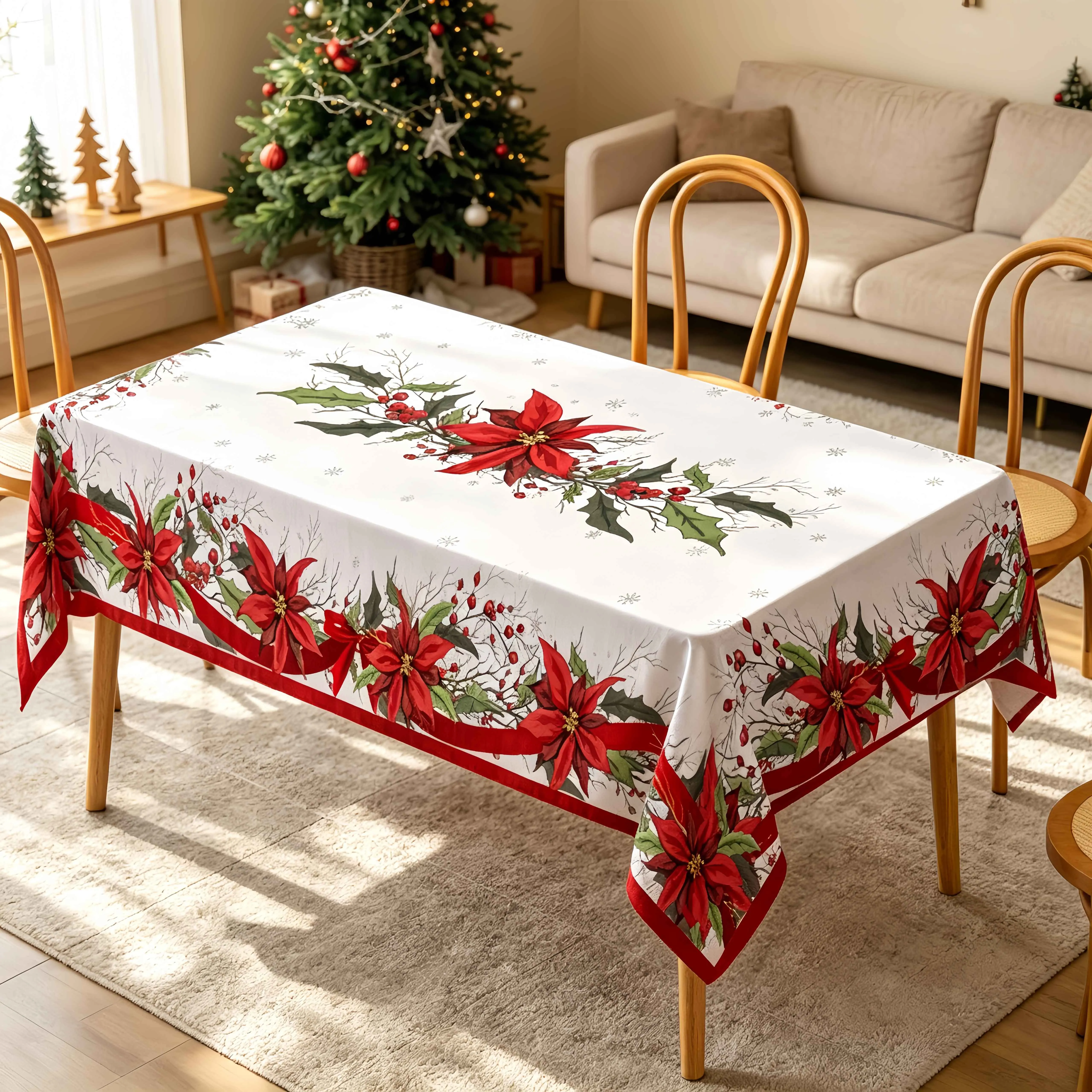 Christmas Rectangle Tablecloth Poinsettia Design Tablecloth For New Year Party And Dinner Christmas Table Decor Tablecloth