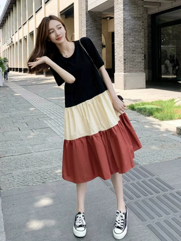 Summer Korean Constrast Color Spliced Loose Women Dress Y2k Aesthetic All Match High Street Lazy Clothes Temperament Shirt Dress