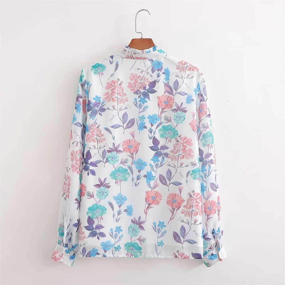 Zach Ailsa 2024 Summer New Product Women\'s Vintage Flower Print Standing Collar Long sleeved Single breasted Casual Shirt