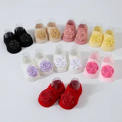 Baby handmade flower anti slip socks solid color hot stamping ribbed rose glue dot socks breathable glue baby walking socks 0-1y