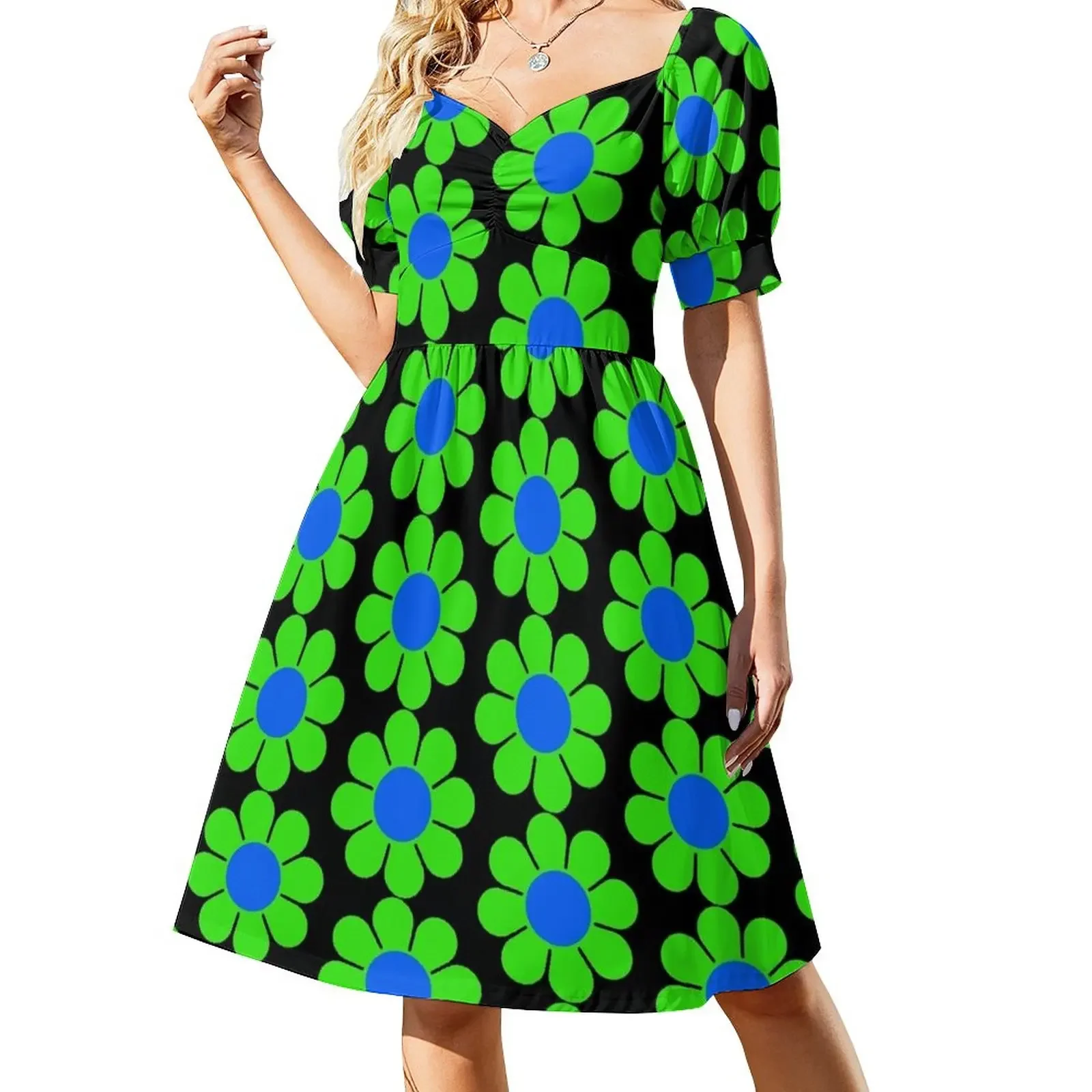 

Green Blue Hippy Flower Daisy Short-Sleeved Dress women's elegant loose dresses Long dress woman