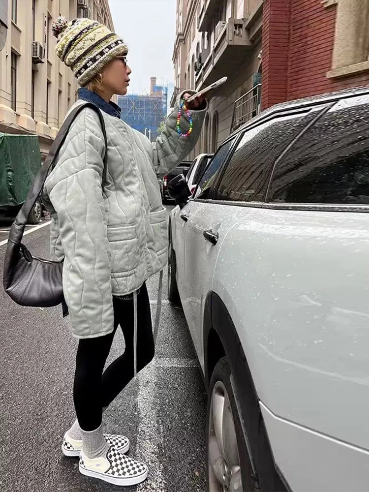 Casual Solid Cotton-padded Coat Women O-neck Zipper Wavy-striped Drawstring Long Sleeve Coat Female  Autumn Winter Lady Outwear