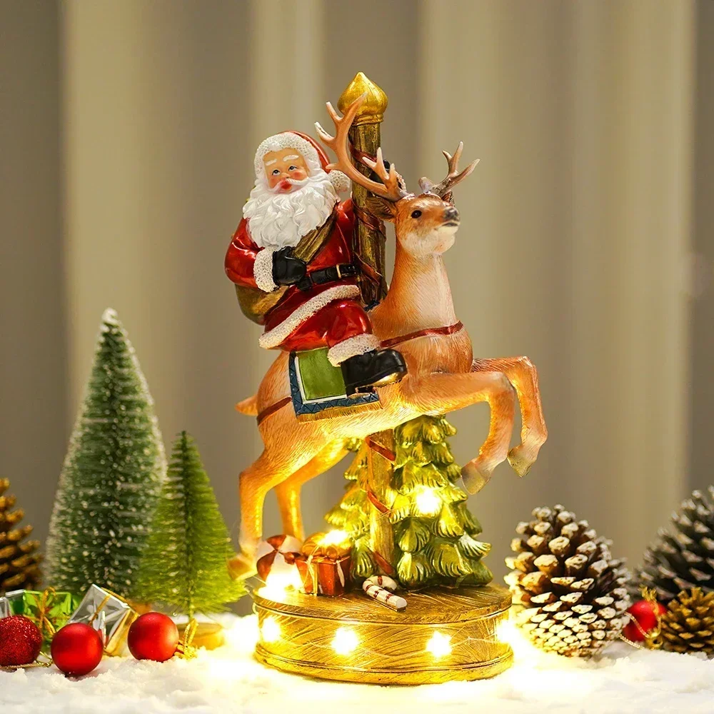 

Resin Santa Claus Riding Deer Figurines for Interior Glowing Hand-Painted Decoration Christmas Dolls New Year Gifts