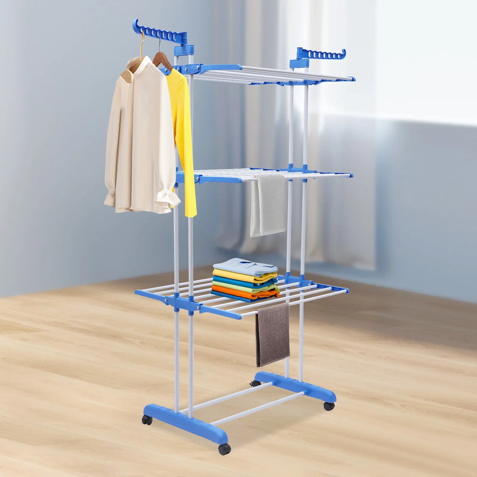 4 Tiers Metal Clothes Drying Rack Rectangular Folding Rolling Dryer Hanger Free Stand Laundry Organizer Gray/Blue