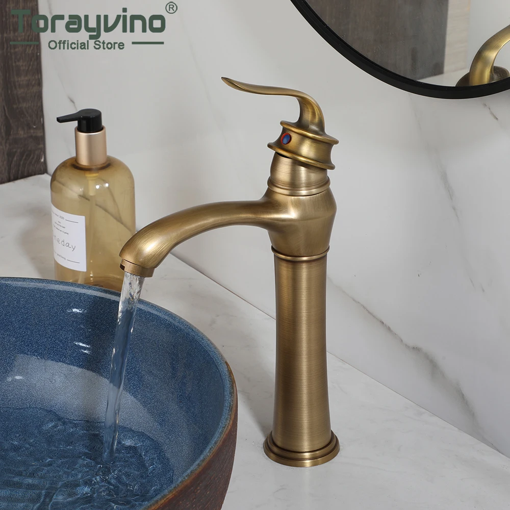 

Torayvino Antique Brass Basin Faucet Deck Mounted Single Handle Bathroom Crane Lavatory Sink Mixer Water Tap Hot & Cold Torneira