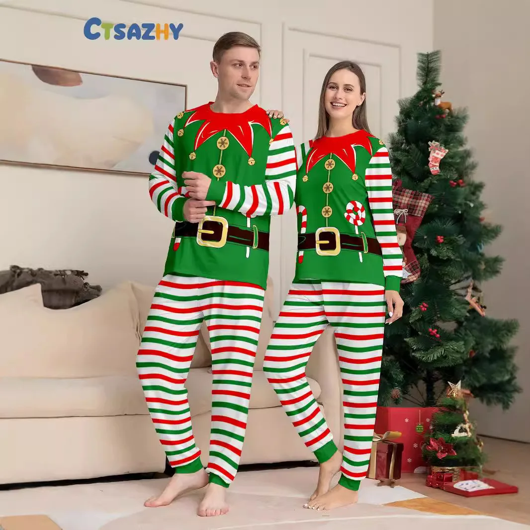 New Year gifts, Christmas parent-child outfits,Green and red striped printed home wear family pajama sets,Cristmas Family Pijama