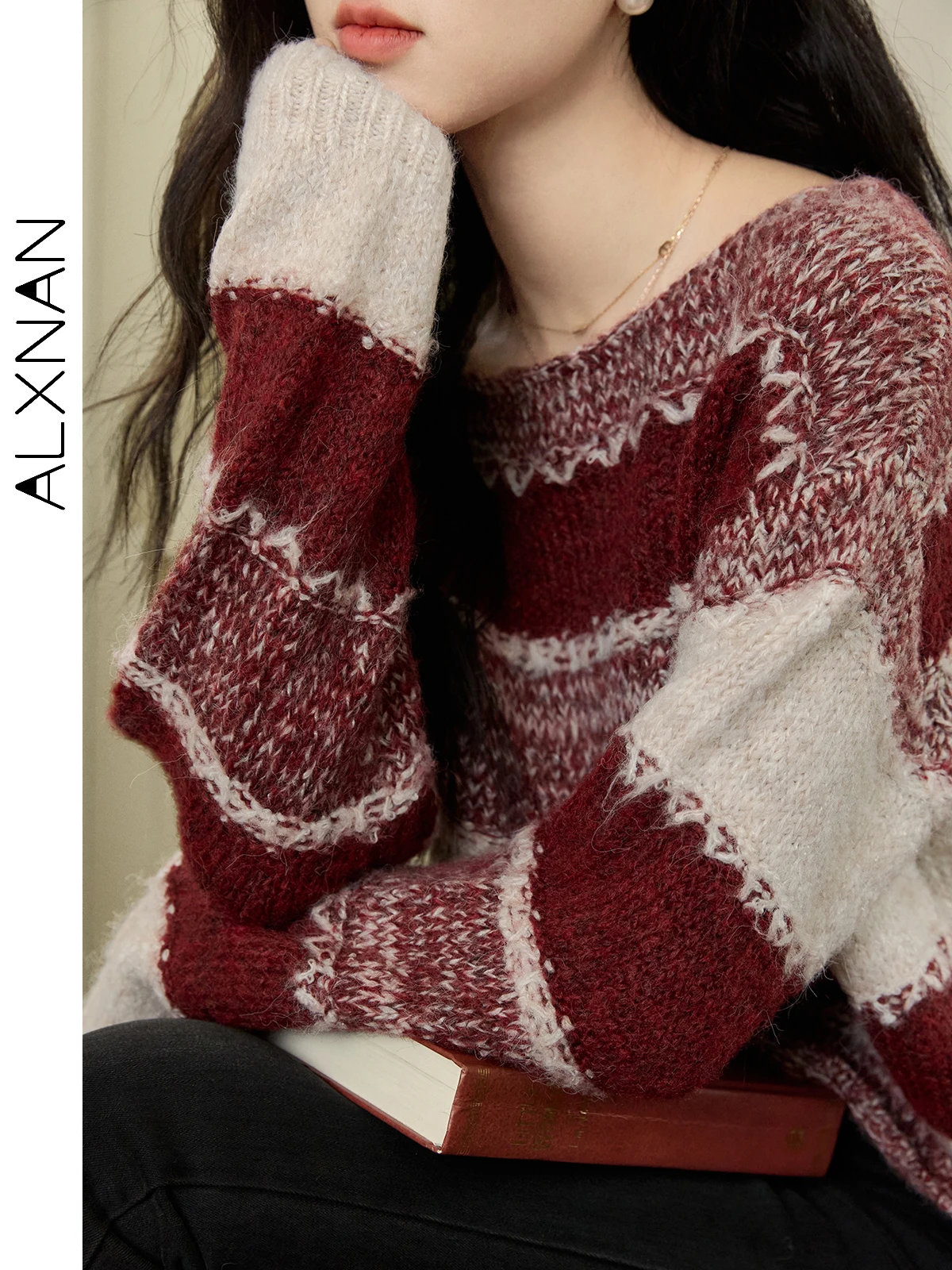 ALXNAN 여성용 스트라이프 스웨터 라운드 칼라 따뜻한 루즈핏 긴팔 풀오버 2025 가을 겨울 캐주얼 니트 탑 L50927