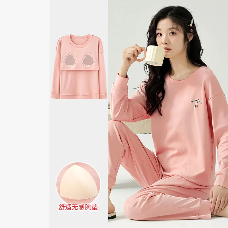 Chest Padded Pajamas For Women Autumn Winter Pijama Feminino Round Neck Pure Cotton Long Sleeved Pants Set Home Wear Pyjamas