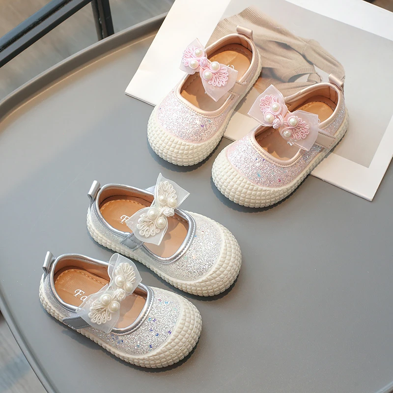 Children's Glitter Sequined Leather Shoes Girls Princess Lace Bow Single Shoes Fashion Baby Casual Soft Flat Kids Wedding Shoes