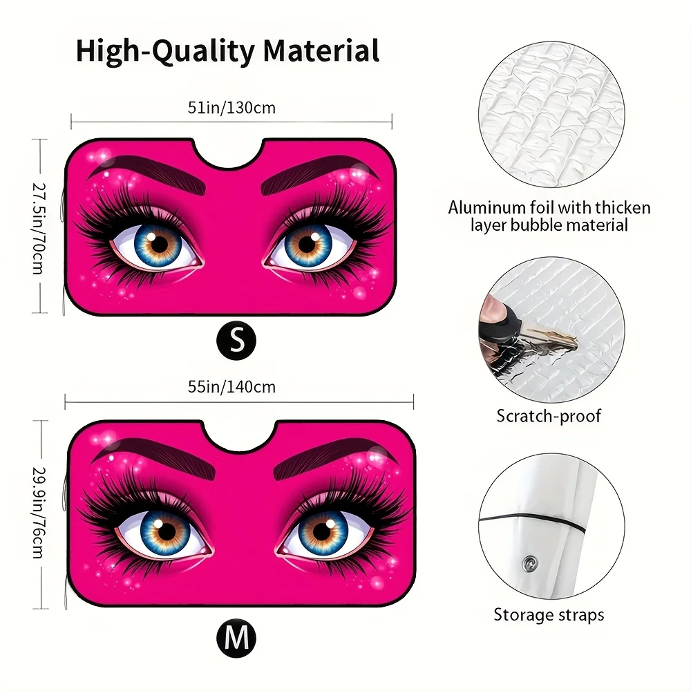 1pc Glamorous Pink Eyes Makeup Art Car Windshield Sunshade - Foldable Visor With Sparkling Eyelash Design, Keeps Your Car Cool &