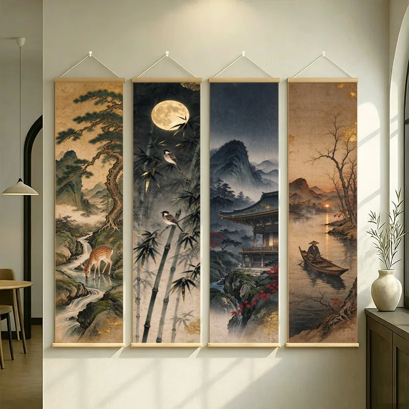 Japanese Wall Art Moonlit Mountains Cranes and Lone Traveler on Silver Shimmer Canvas for a Quiet Bedroom Retreat Decor