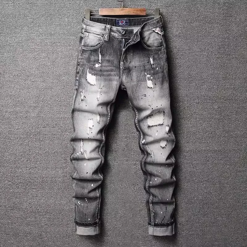 Y2K Street Designer Fashion Men Jeans Retro Black Gray Stretch Slim Fit Painted Ripped Jeans Men Patched Vintage Denim Pants