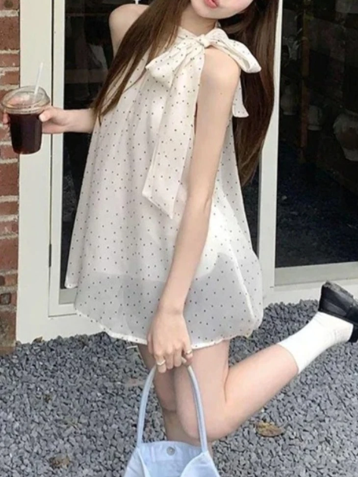 

Sweet Retro Elegant Polka Dot Women Tops Cute Bow Bandage Blouse Vintage Halter Tops Korean Sleeveless Casual Clothes New Summer