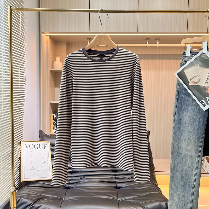 

Maxdutti Minimally Woman Clothing Lazy Casual Long Sleeved T-shirt With Round Neckline Striped Long Sleeved Cotton T-shirt Women