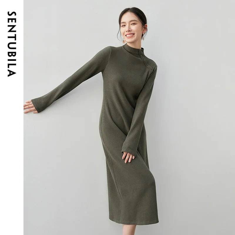 

SENTUBILA Cotton Blend Knit Dresses for Women 2025 Autumn Winter Fashion Warm Stand Neck Long Sleeve Midi Dress Woman 143L56788