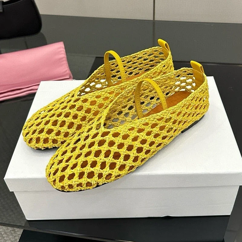Flat Shoes Women Weave Hollow Out  Breathable Shallow Mouth Round Toe Mary Jane Shoes Spring Summer Versatile Single Shoes