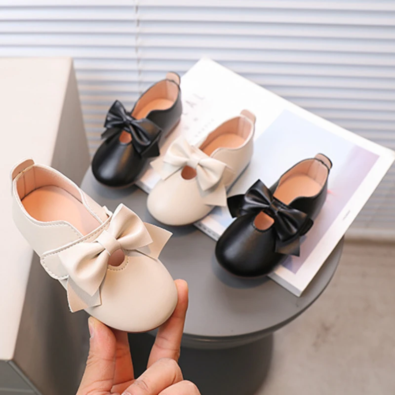 Children Shoes Designer Elegant Bow Soft Soled Leather Shoes Fashion Versatile Girls Party Dresses Shoes Antiskid Girl Sneakers