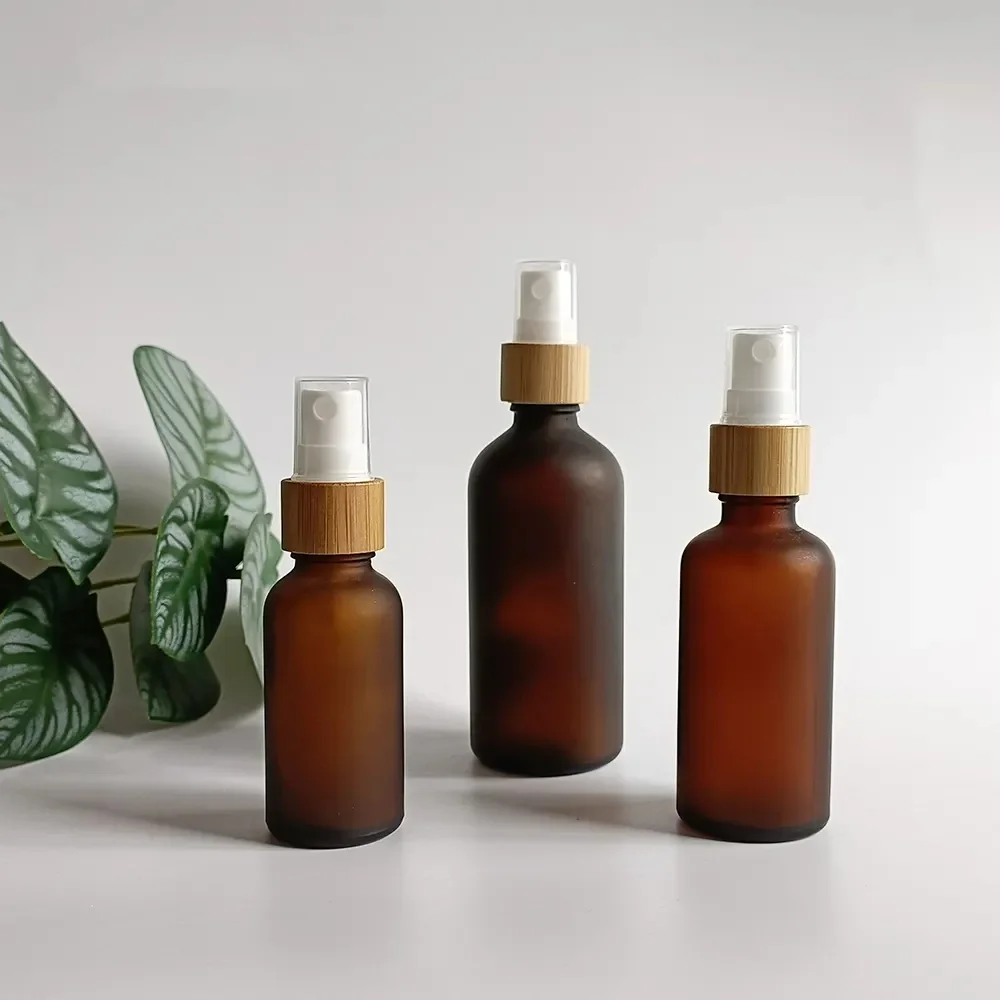 

100ML Frosted Amber Glass Bottle with Bamboo Spray Lid Container Makeup Cosmetic Packaging Containers