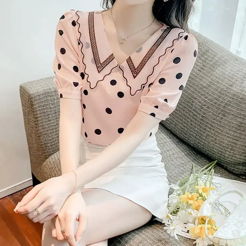 Sommer neue Blumen Chiffon dünne Bluse Kurzarm Tupfen lose Druck elegante Hemd Tops Mode süße Frauen Kleidung