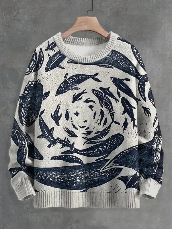 

Men's Whale And Fish Linoleum Art Print Knit Sweatshirt Pullover Sweater Women For Men Sweater