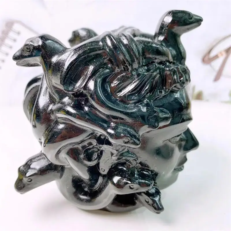 Natural Black Obsidian Crystal Medusa Carving Polished Skull Statue Healing Reiki Gems Crafts For Wicca Decoration 1pcs