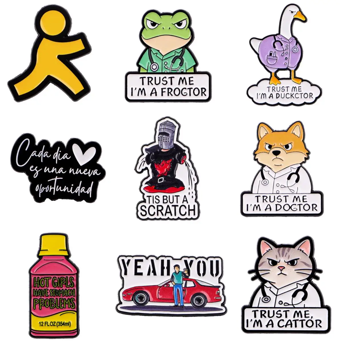 Cartoon-Medizinflaschen-Emaille-Pin, lustige Frosch-Katzen-Enten-Hunde-Brosche, humorvolles Abzeichen für Rucksack und Revers, Geschenk für Tierliebhaber