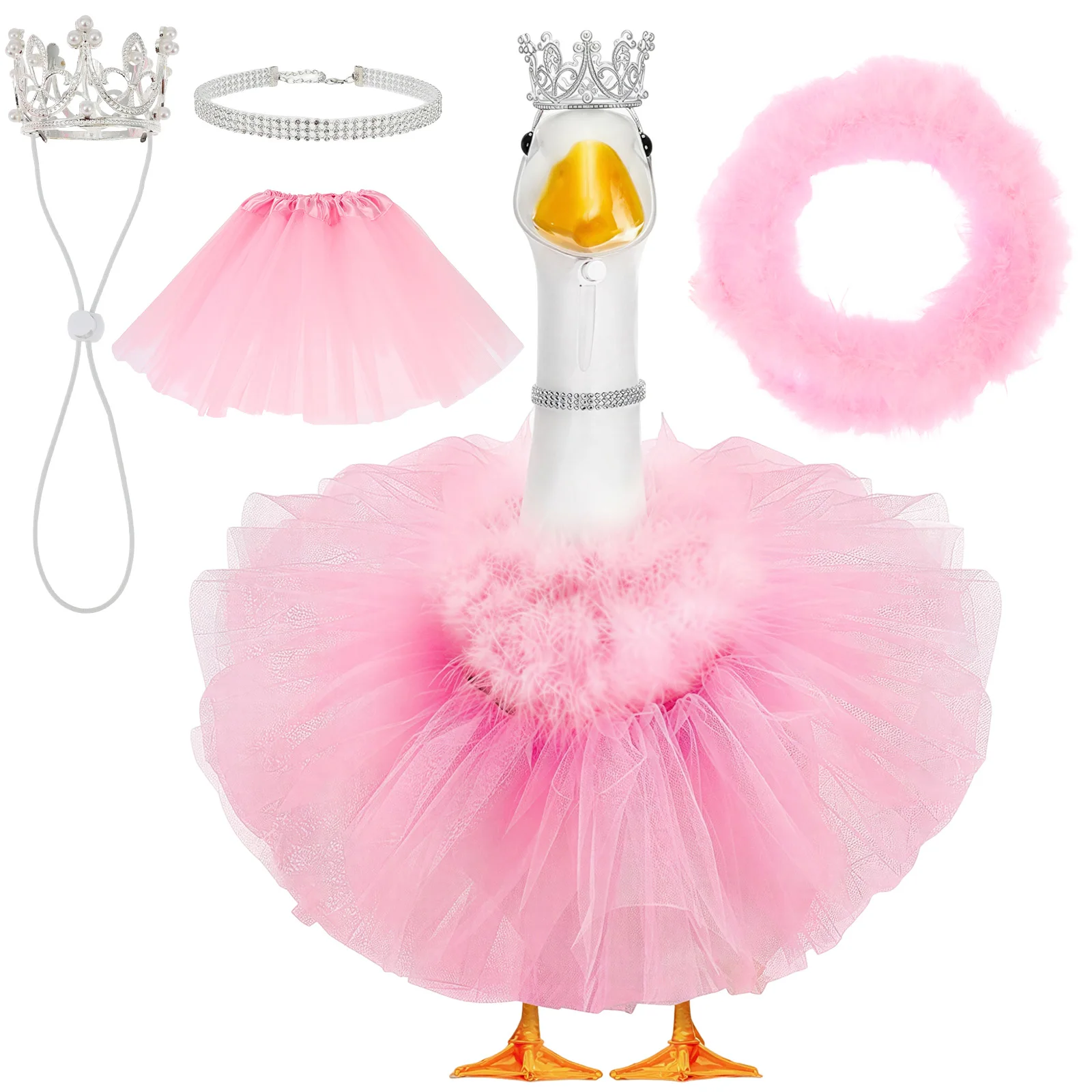 4pcs Porch Goose Dance Costume Set Crown Rhinestone Necklace Puffy Tutu Skirt Feather Accent for Outdoor Statue Decoration