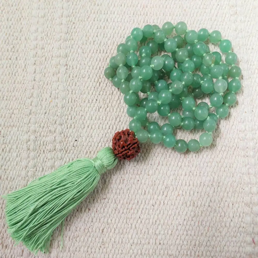 

Natural Green Aventurine 108 Beads Mala Necklace with Rudraksha & Green Tassel Spiritual Meditation Jewelry