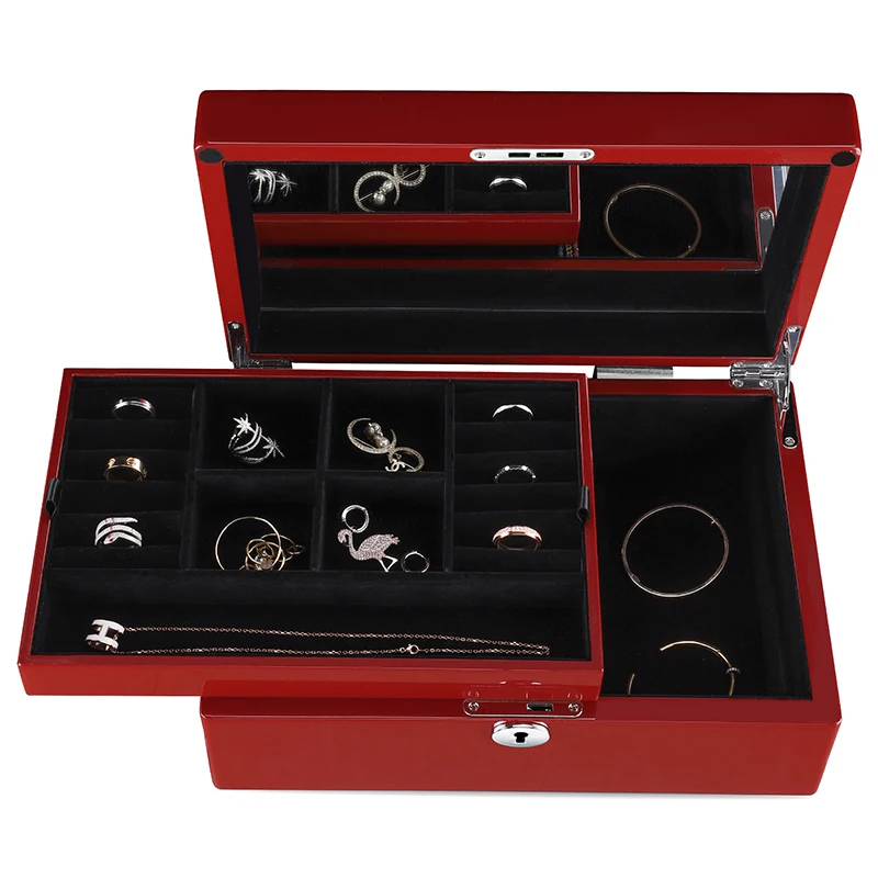 2-layes Flannel Jewelry Box Wood Jewelry Organizer Necklace Earring Ring Storage Box for Women Gifts