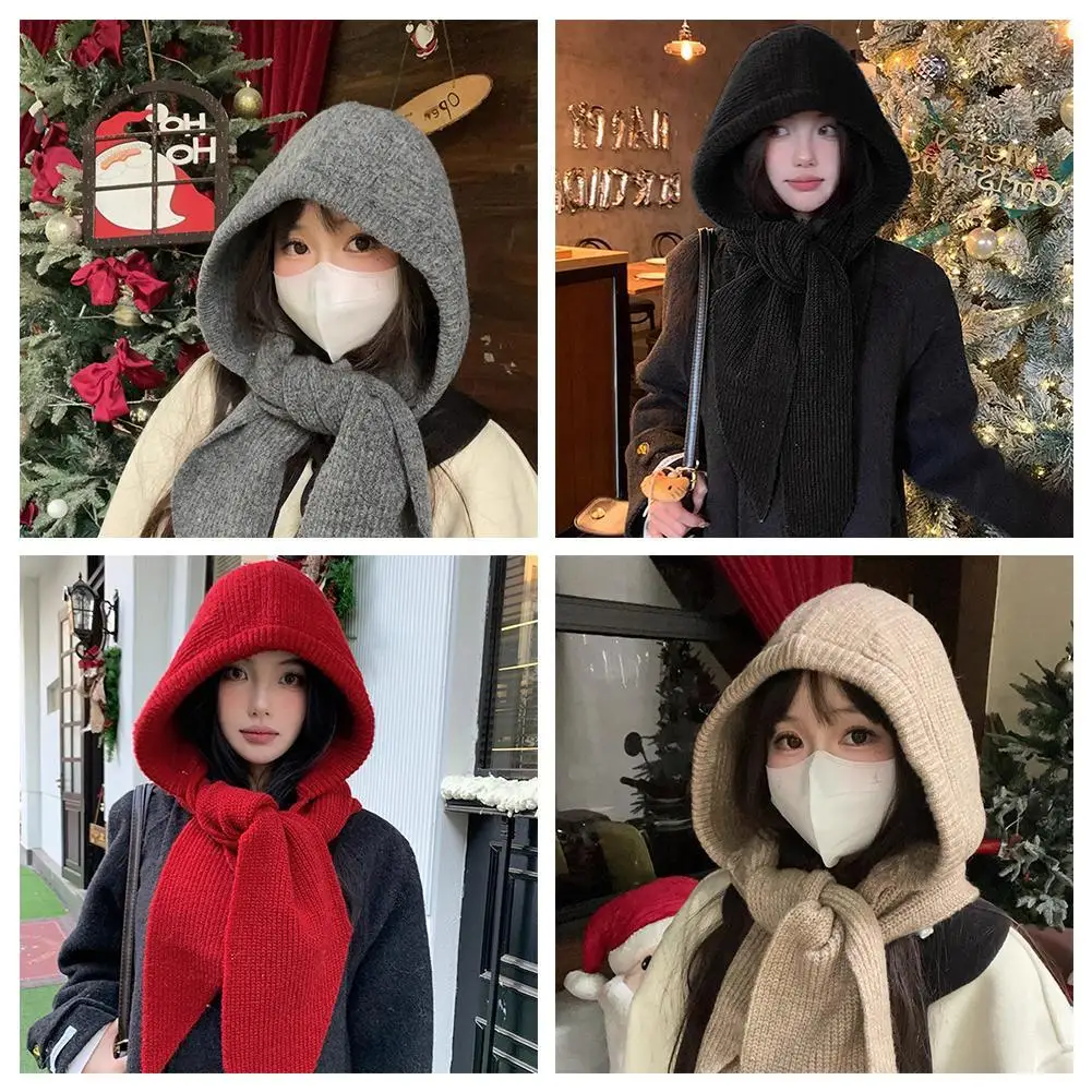 Fashion Red Women's Balaclava Hat Scarf Integrated Knitted Warm Hat Fashionable Autumn Winter Thermal Neck Warmer Cap Ball Cap