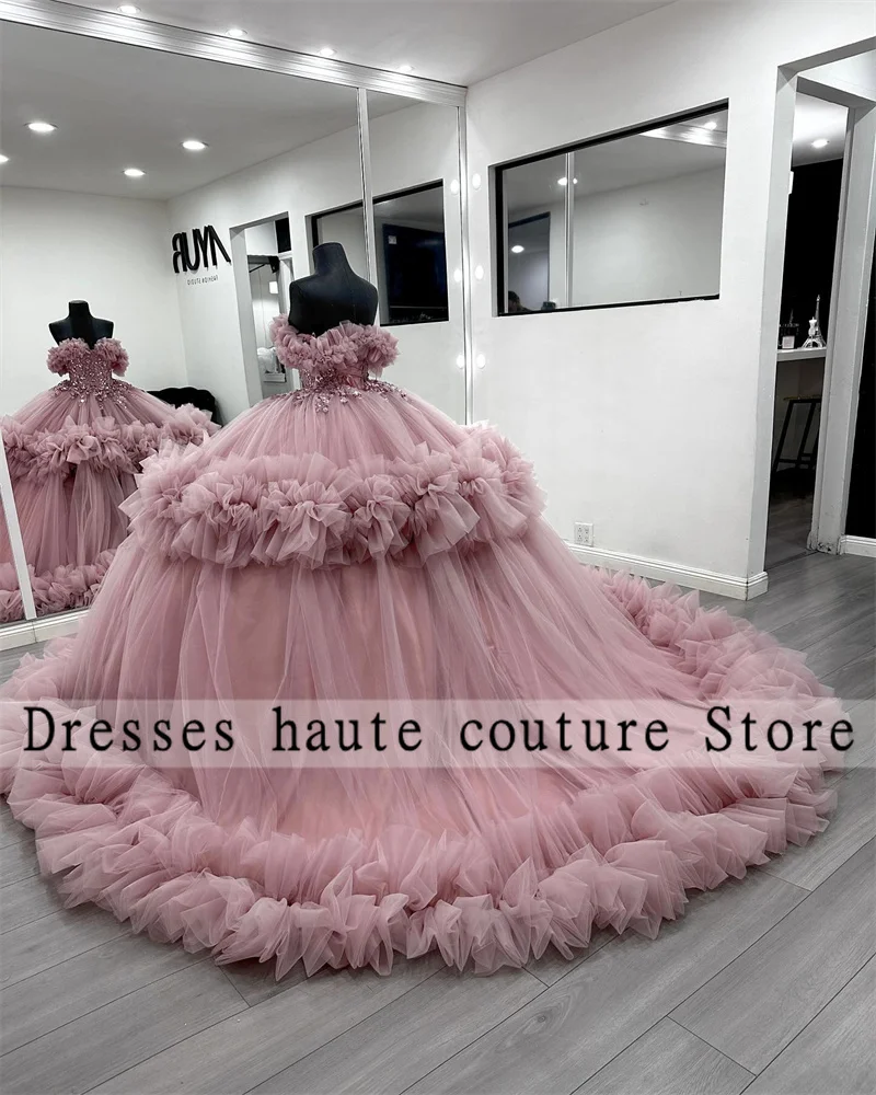 Novo vestido de baile de tule rosa vestidos quinceanera 2025 cristais apliques babados doce 15 vestido personalizado vestidos de 15 anos