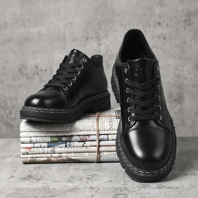 Schwarze Herren-Lederschuhe mit Schnürung, dicke Sohle, Business-Casual, formelle Alltagsschuhe, Oxford-Schuhe für Männer – Detail 1