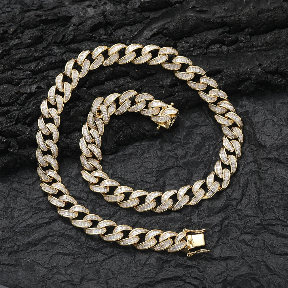 

EYIKA New 12mm Miami Cuban Chain Men's Necklace Gold Plated Full Baguette Zircon Iced Out Bracelet Rapper Hiphop Male Jewelry