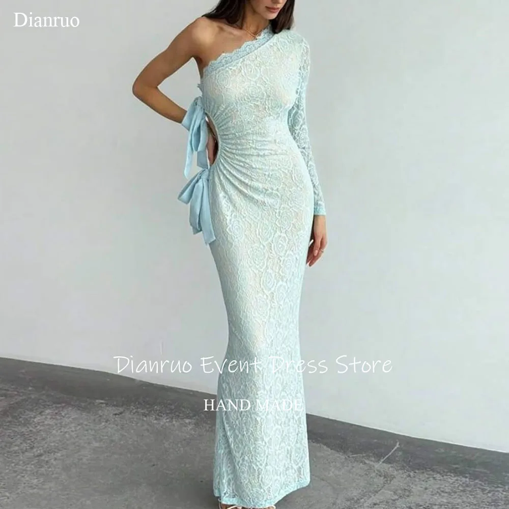 

Dianruo One Shoulder Mermaid Evening Dresses Cut Out Elegant Vestidos De Novia Pale Blue Lace Appliques Party Gowns Customized