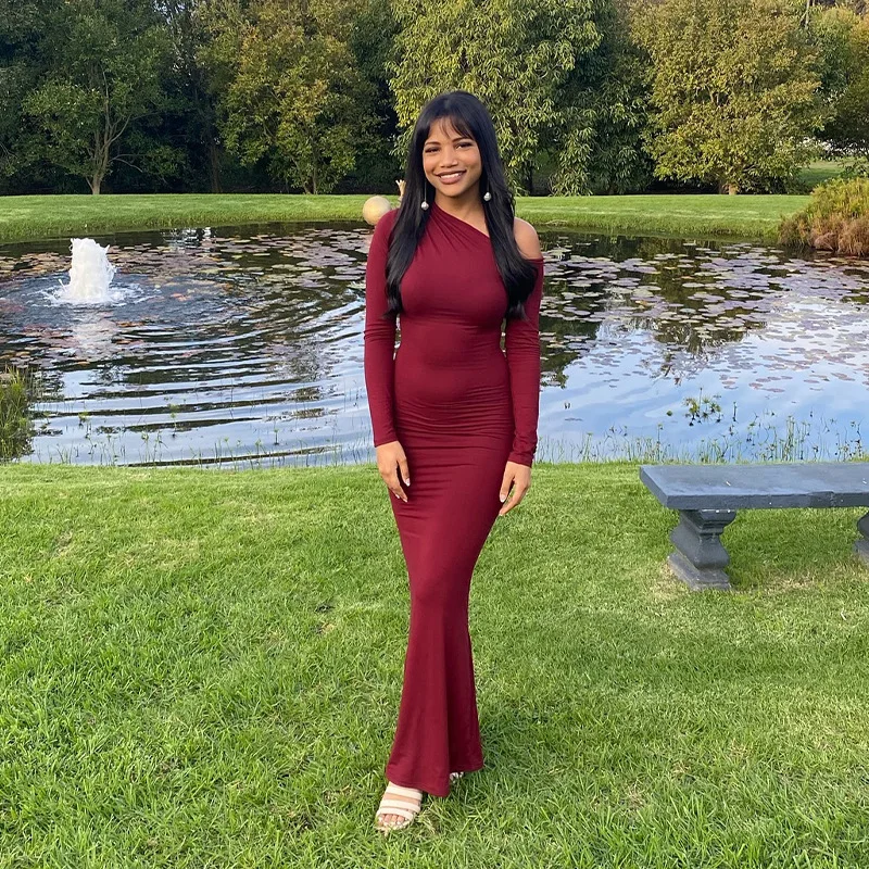 

Pure Color Long Sve Slim Fit с высокой талией Dr Sexy Ele Long Dr Женская мода Осень Новое поступление Материал молочного волокна