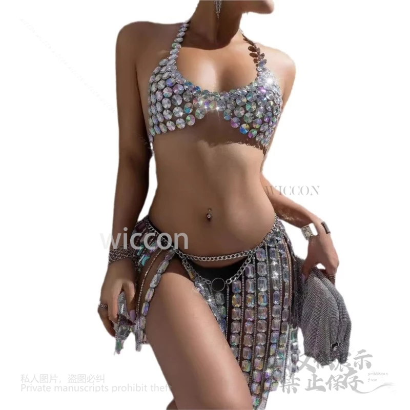 Женский сексуальный блестящий драгоценный камень, красочный кристалл, бюстгальтер без косточек, цепочка для бюстгальтера на груди, цепочка на талию, кисточка, вечеринка на Хэллоуин, ночной клуб, BodyJewel