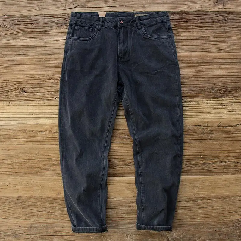 

American Vintage Amekaji Black Washed Denim Jeans for Men Autumn 100% Cotton Men's Slim Fit Straight Casual Pants Youth Cityboys