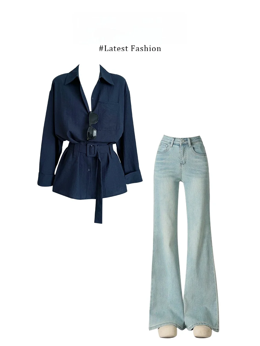 

Комплект Parkyeon: Рубашка в стиле ретро с длинным рукавом и джинсы с высокой талией прямого кроя, универсальный повседневный комплект, теплый, из среднетолстой кожи