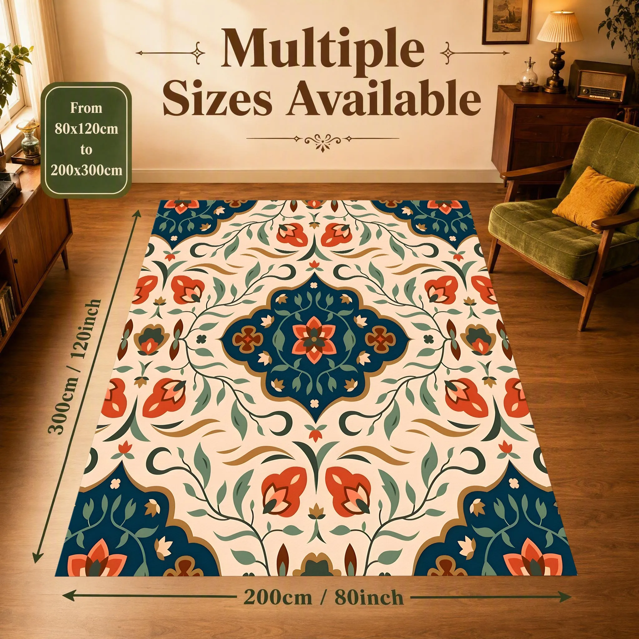 Vintage Persian Symmetrical Floral Carpet Soft Velvet Rug Living Room Bedroom Home Decoration