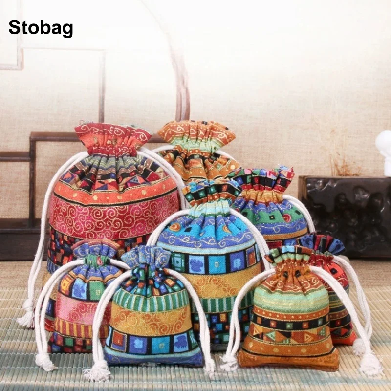 

StoBag 5pcs Linen Cotton Drawstring Bag Printed Candy Gift Jewelry Packaging Storage Bundle Pocket Reusable Pouches Party Favors
