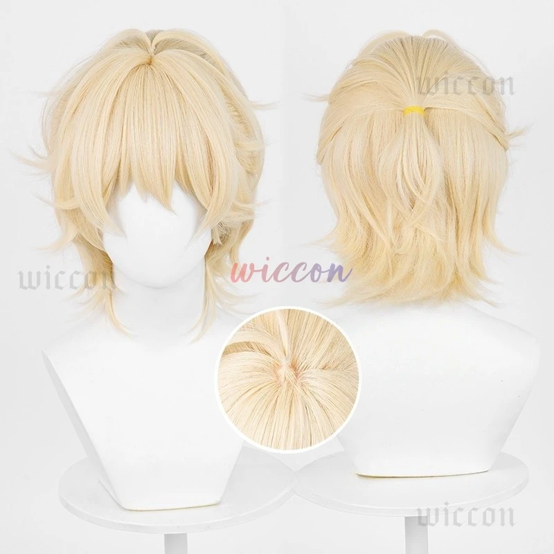 Peluca de Cosplay Luka de alta calidad, 30cm, cuero cabelludo dorado de leche corto, pelo sintético resistente al calor, pelucas de Cosplay de Anime, conjunto de guantes