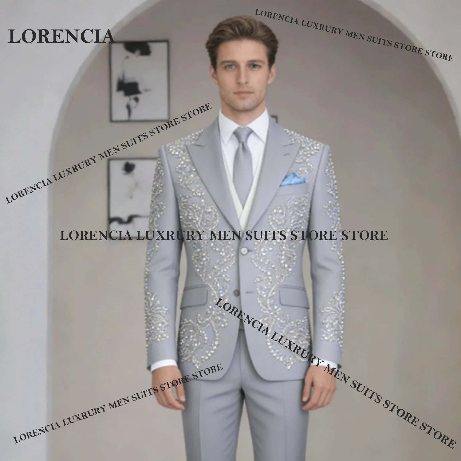 

Fashion Gem Men Suit Intricate Rhinestone Jewelry Wedding Tuxedos Slim Ropa hombre 2 Pieces Set Groom Male Blazer Customized