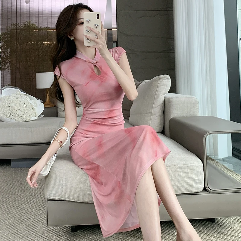 Nouvelle tendance nationale chinoise Sle bouton creux amélioré Midi Dr femmes rétro creux petit col montant taille vers l'intérieur Cheon...